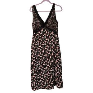 Black Floral Lace Trim Maxi Dress - Pink Rose Print